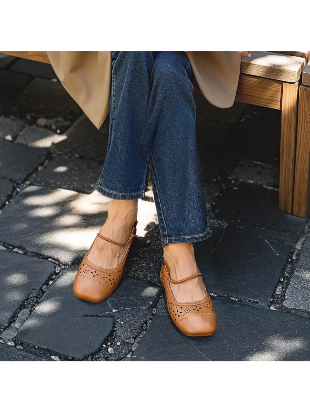 EMPRESS Petal Square Toe Leather size 39 Ballet Flats Cut-out Carmel Brown Strap